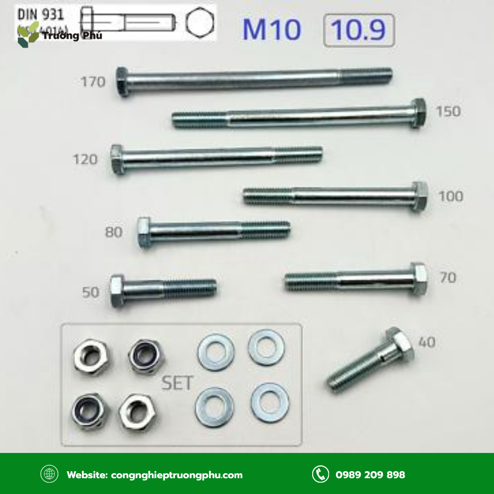 Các loại bulong M10 phổ biến với nhiều kiểu đầu và tiêu chuẩn khác nhau.