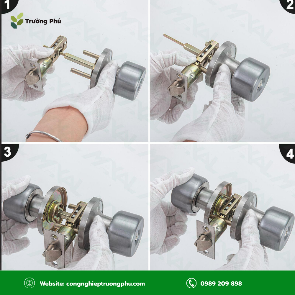 Các bước lắp khóa tay nắm cửa tròn từ tháo khóa cũ đến kiểm tra hoàn thiện.