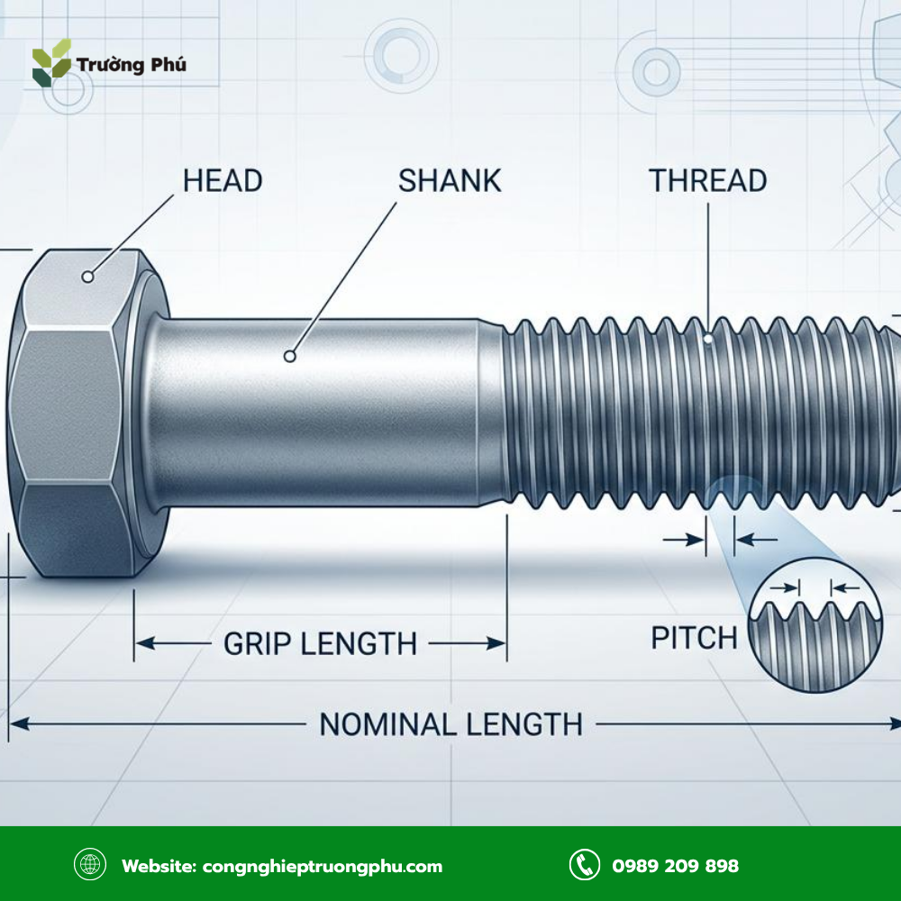 Các bộ phận và thông số kích thước của bulong M16.