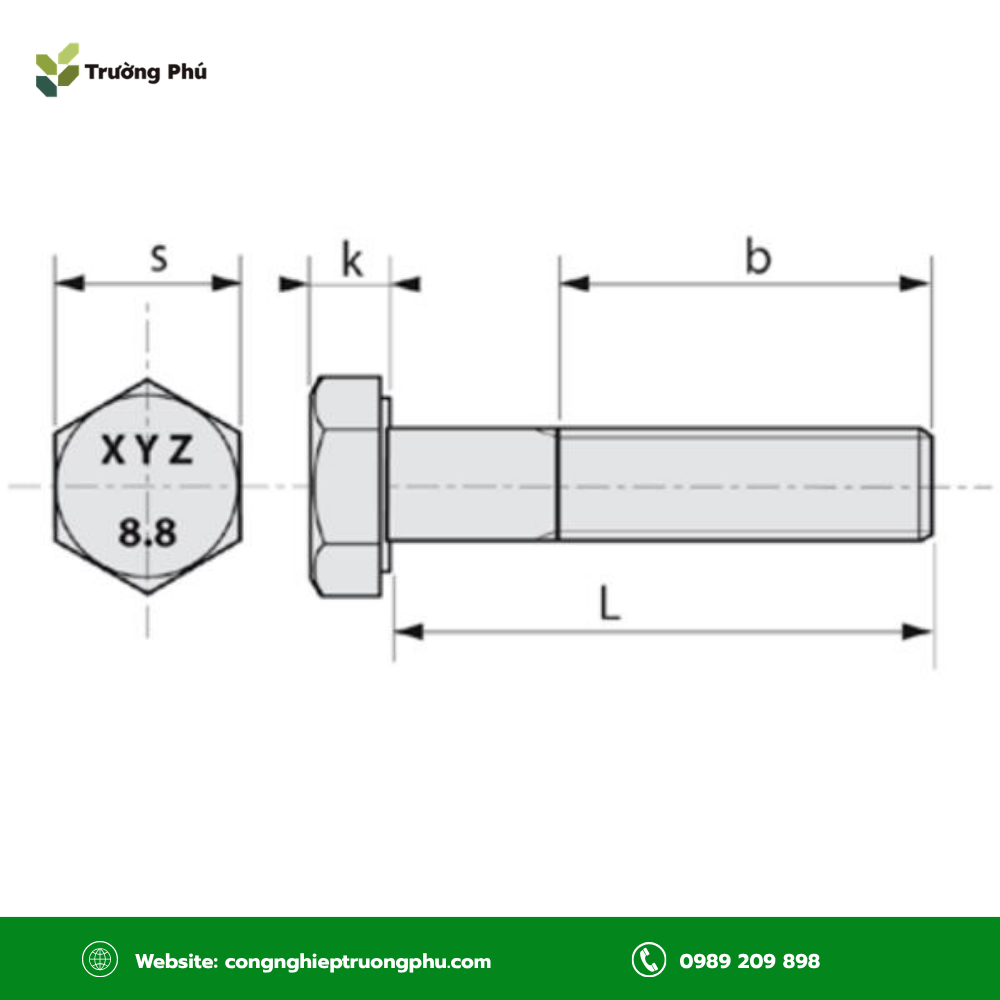 Cấu tạo bulong M12 gồm đầu, thân và phần ren.