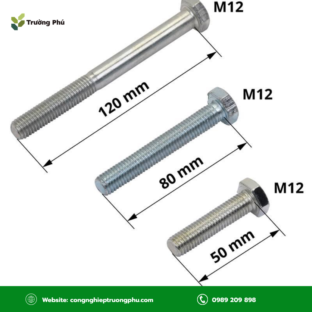 Các kích thước chiều dài phổ biến của bulong M12 từ 20–200mm.