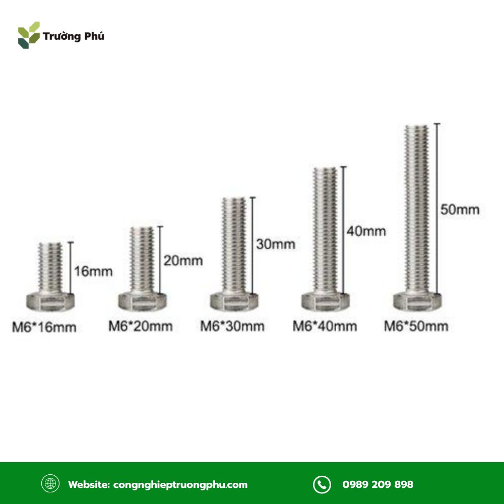 Kích thước bulong M6 gồm đường kính ren, bước ren, chiều dài và kích thước đầu.