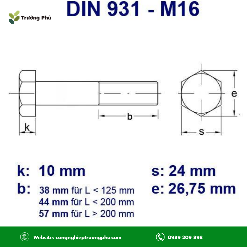 Bulong M16 DIN 931 với đoạn thân trơn và phần ren lửng ở đầu mút bulong.