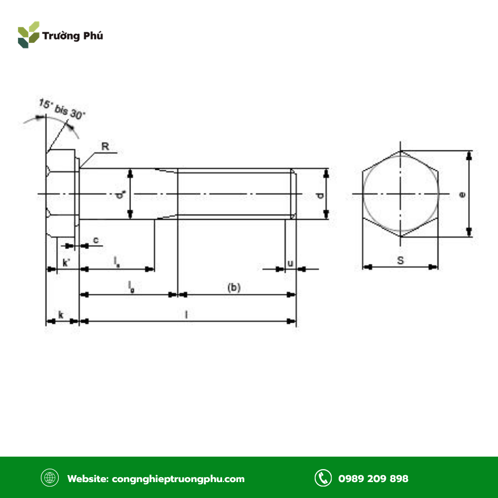Bulong M16 ISO 4014 ren lửng với đầu lục giác ngoài 24mm.