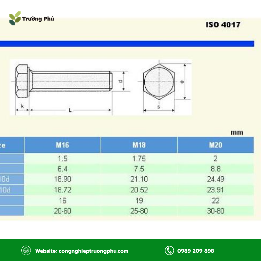 Bulong M16 ISO 4017 với đầu lục giác 24mm và phần ren suốt toàn thân.