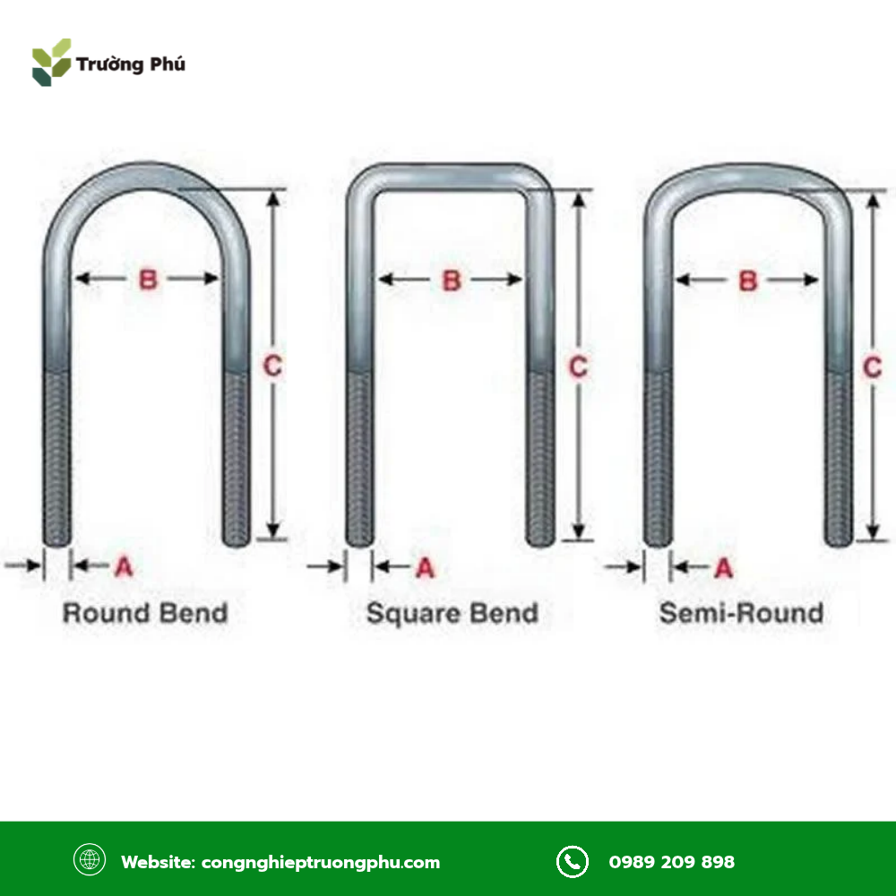Các loại bulong chữ U phổ biến được phân biệt theo hình dạng, vật liệu, phụ kiện và cỡ ren.