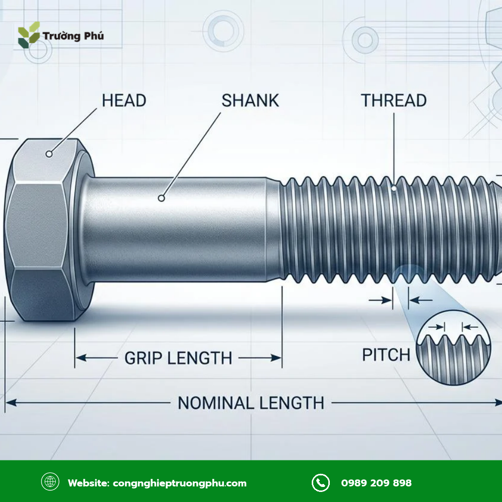 Cấu tạo bulong inox 304 gồm đầu, thân và phần ren.